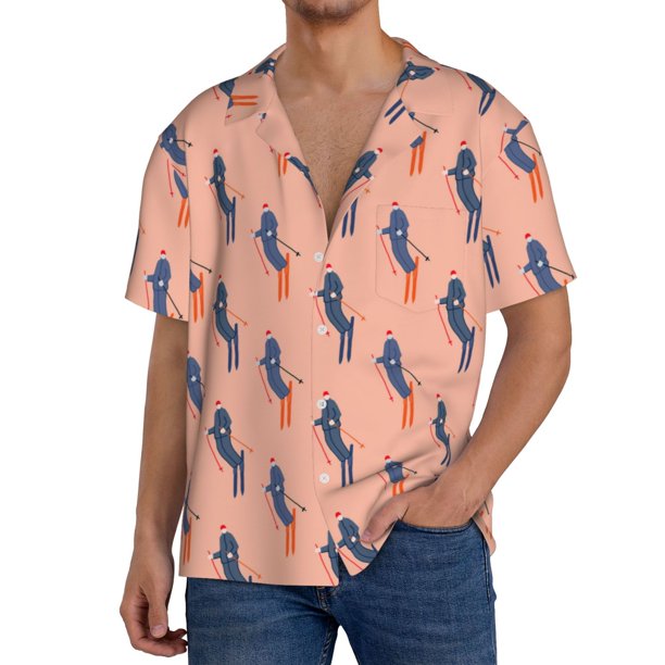Balery Winter Skiing Adventure Camisa Casual de Manga Corta con Botones para Hombre, Texturizada, Estilo Cubano, para Playa, Verano-XX-Large