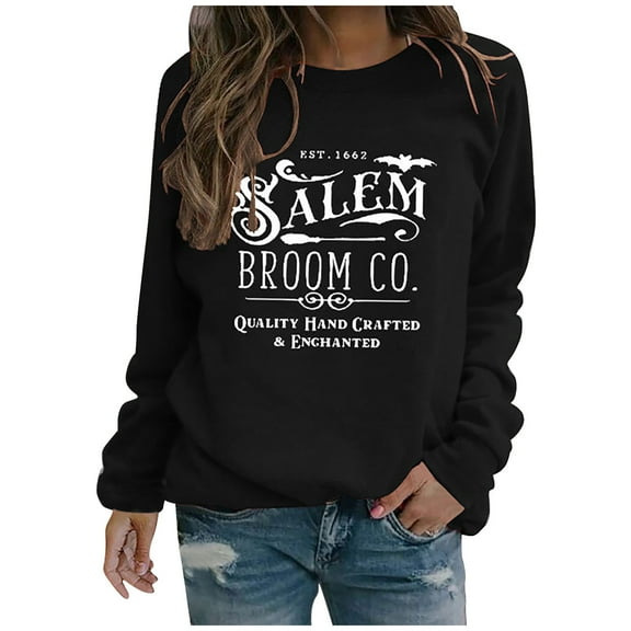 LEAVINGSUO 2023 Fall Womens Tops Plus Clearance Plus Size Tops Women's Casual Winter Hoodless Long Sleeve Round-Neck Loose Printed Sweatshirts Black XXL