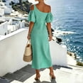 thumbnail image 4 of QUNYINEY Striped Casual Dresses for Women Puff Short Sleeve Long One Shoulder Summer A Line Dress Vacation Loose Fit Dresses, 4 of 5