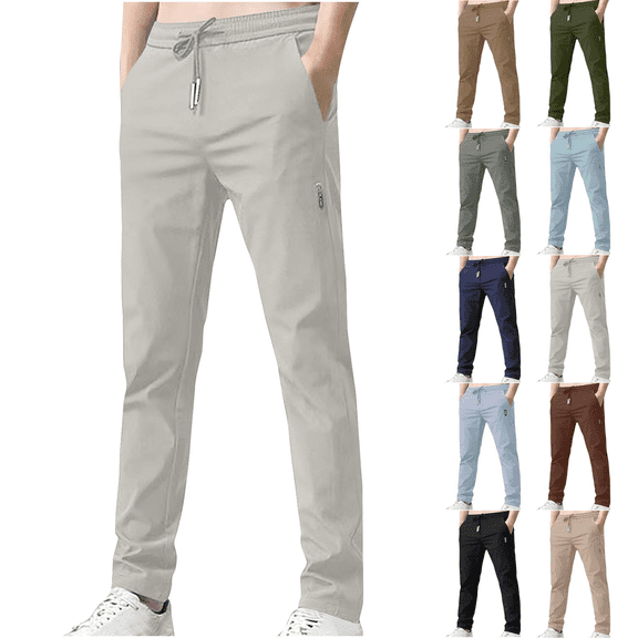 Work Pants for Men Fashion Solid Color Pocket Stretch Men's Elastic Waist Drawstring Casual Trousers Casual Trousers Long Lightweight Straight-Legs Pants