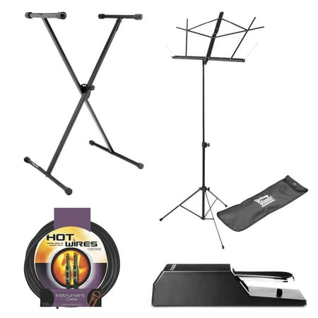 On Stage Classic Single-X Keyboard Stand + Alesis ASP-2 Universal Piano-Style Sustain Pedal + On Stage Compact Sheet Music Stand, Black with Bag + On Stage Instrument Cable, 10 ft.