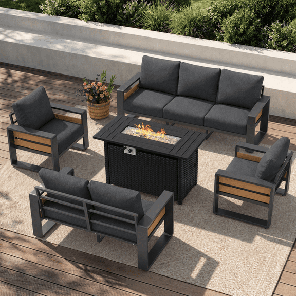 Dateyes 7-Seats Aluminum Patio Furniture Set with 6" Olefin Fabric Cushions, Outdoor Metal Conversation Set with Fire Pit, Dark Gray