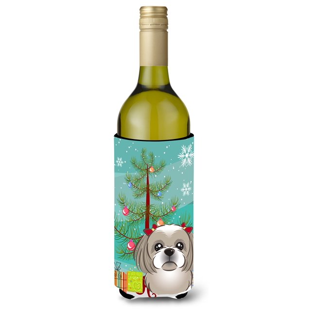 ""Caroline'S Treasures Botella De Vino Árbol De Navidad Y Shih Tzu Gris Plateado Koozie Hugger 750 Ml Multicolor""