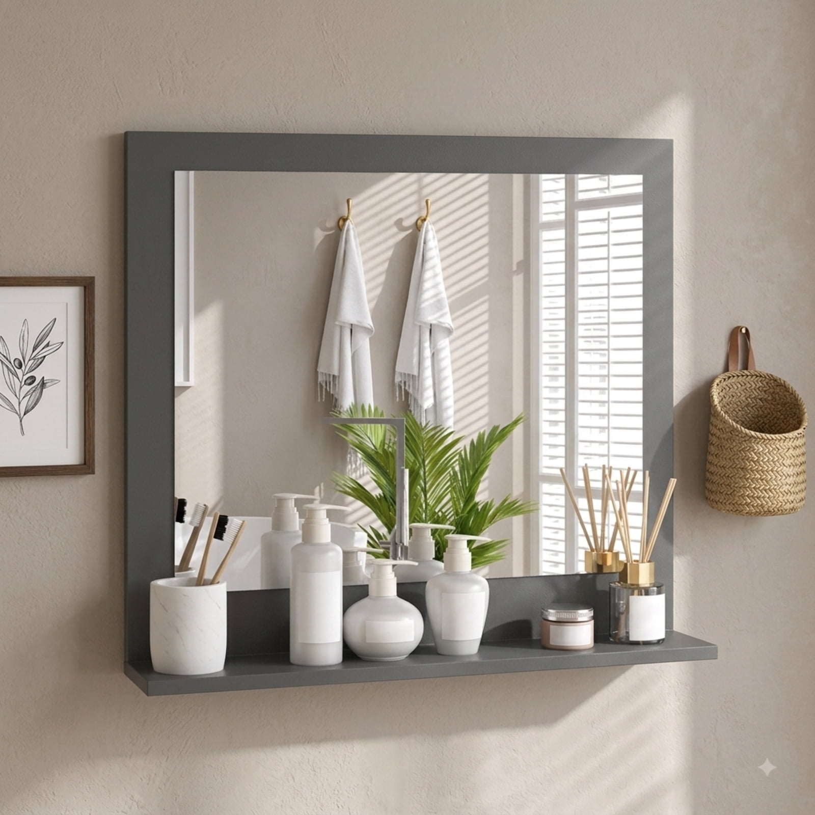 Vebreda Bathroom Wall Mirror, Rectangle Bathroom Mirror with Shelf 23.5 x 17.5 Inch and Wood Frame, Functional Design, Crystal-Clear Reflection