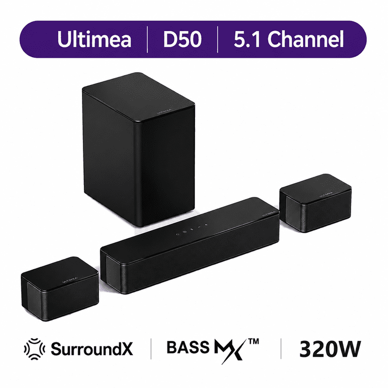 ULTIMEA 5.1 Virtual Surround Sound Bar, 320W Home Theater Surround System with Adjustable Speakers & Subwoofer, Bluetooth, Poseidon D50