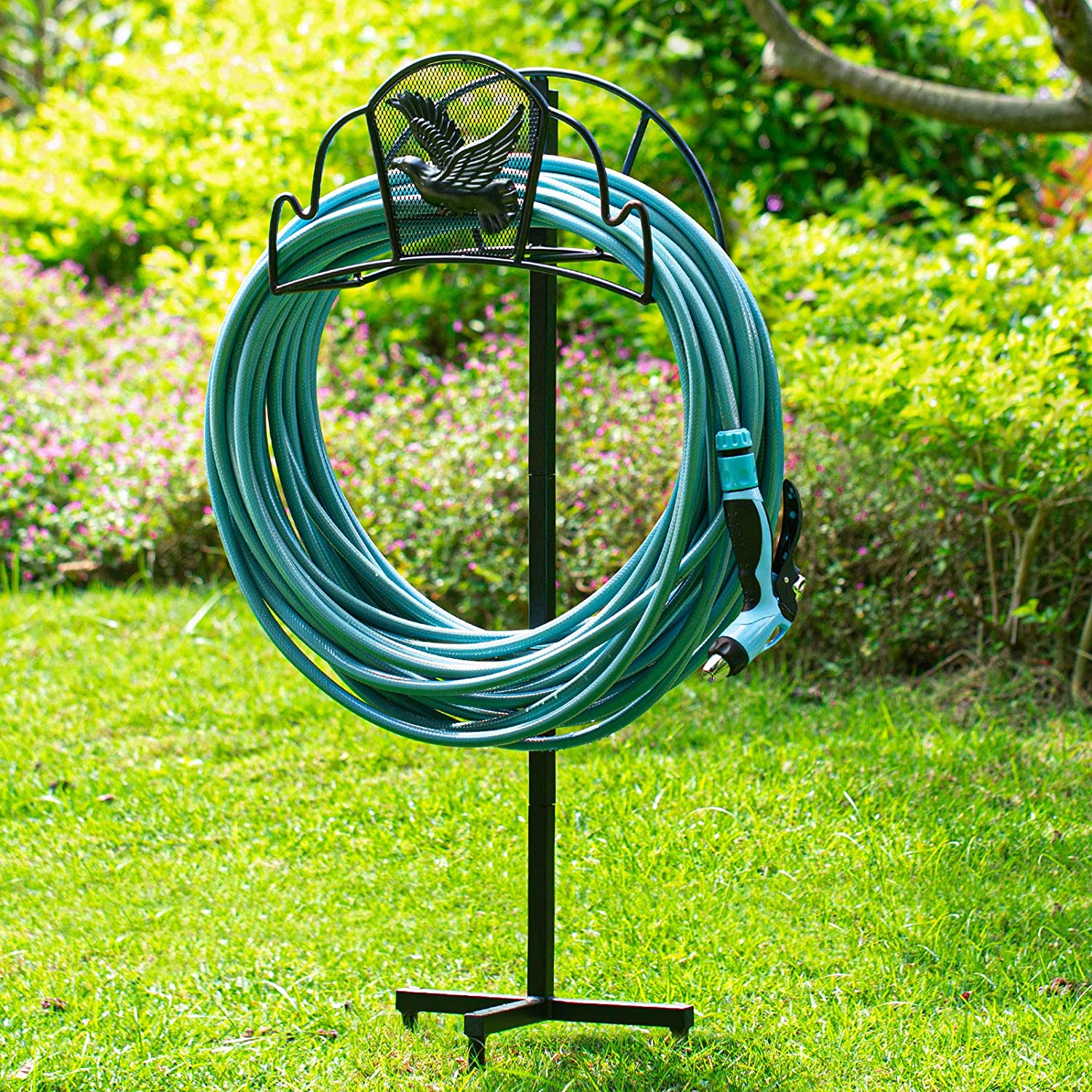 Amagabeli Garden Hose Holder Stand Freestanding for Outside Holds 125ft Water Hose Detachable Rustproof Rack Storage Hanger Stakes Heavy Duty Decorative Free Standing in Ground Garden Lawn Metal Black - image 4 of 8