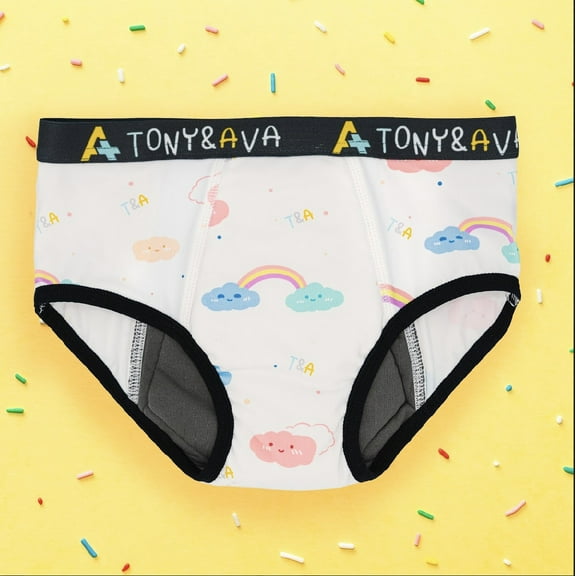 Tony & Ava Pull Ups Underwear for Kids, Highly Absorbent Potty Training & Soft Cotton Girls underwear, Machine-Washable, Overnight, Snug Bikini Fit Underwear for Girls White, Rainbow, Small.
