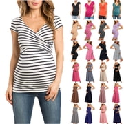 Bovxnpu Maternity Clothes For Women, Women's Maternity Shirts Short Sleeve Pregnancy Tops, Fashion Women's Short Sleeve Summer Printed Neck Sexy Casual Botton Regular Blouses S