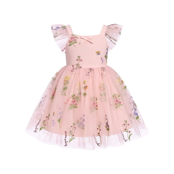 IBTOM CASTLE Toddler Flower Girl Dress, Flutter Sleeve Floral Embroidery Smocked Tulle Tutu Princess Dresses for Birthday Wedding 3-4T Pink Floral