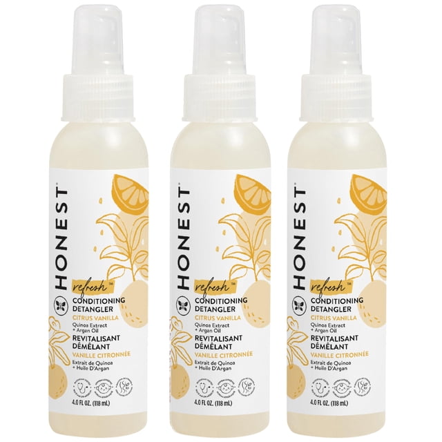 The Honest Company Conditioning Hair Detangler 3-Pack | Leave-in Conditioner + Fortifying Spray | Tear-free, Cruelty-Free, Hypoallergenic | Citrus Vanilla Refresh, 4 fl oz each (pack of 3)