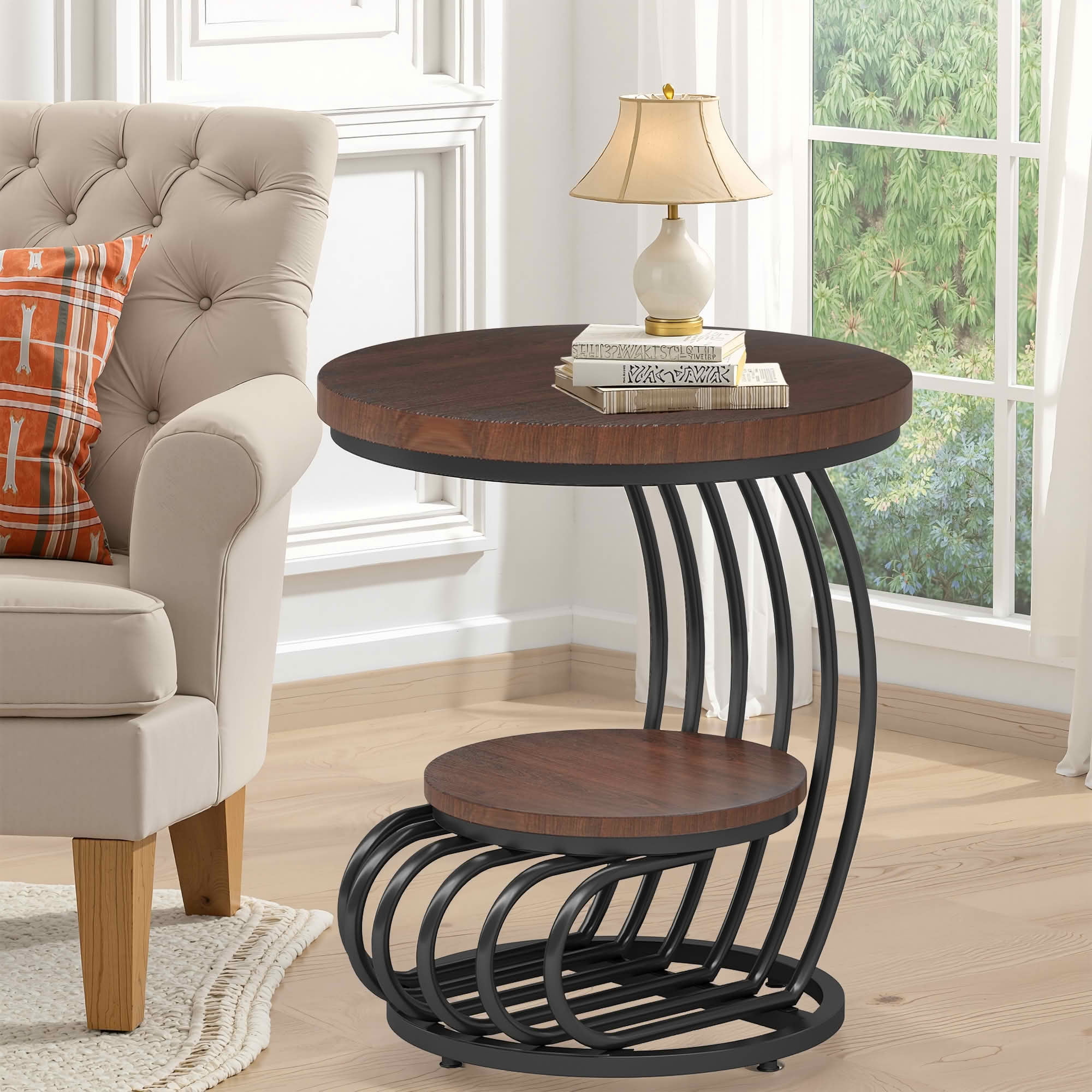 MAYEERTY 2-Tier Round End Side Table, White Faux Marble Top Gold Metal Frame Storage Nightstand for Bedroom Living Room