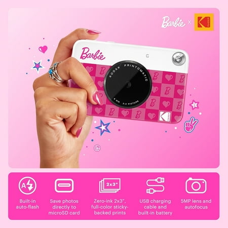 Kodak - Printomatic Instant Print Camera, Iconic Style Case + Zink Paper (20 Sheets) - Bundle - Dark Pink