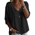 thumbnail image 3 of HAOTAGS Womens 3/4-Sleeve Blouse，V-Neck Button-Down Casual Printed Loose Shirt Top Black Size L, 3 of 7