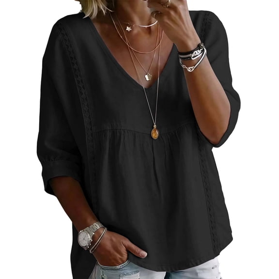 LVHAOGJOB Long Sleeve Shirts for Women V-Neck T Shirts Pullover Plus Size Comfy Solid Color Juniors Tops