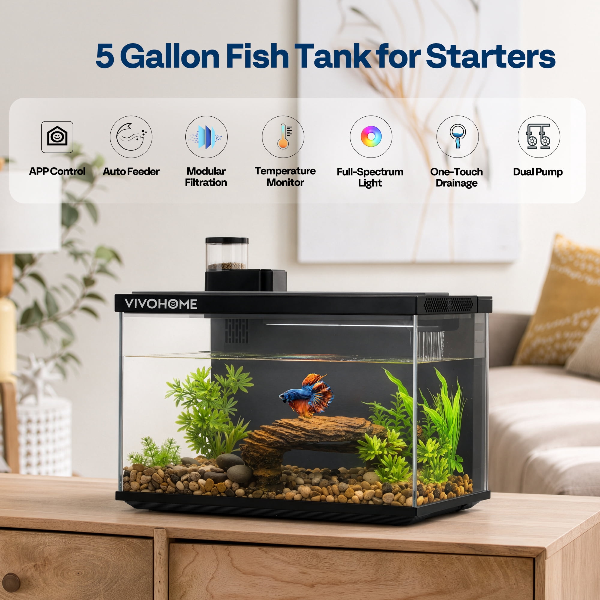 SPECSTAR 5 Gallon Fish Tank, Aquarium Starter Kit with Auto Feeder, RGB LED Light, Filter,  Temperature Display,for Betta, Shrimp,APP Control