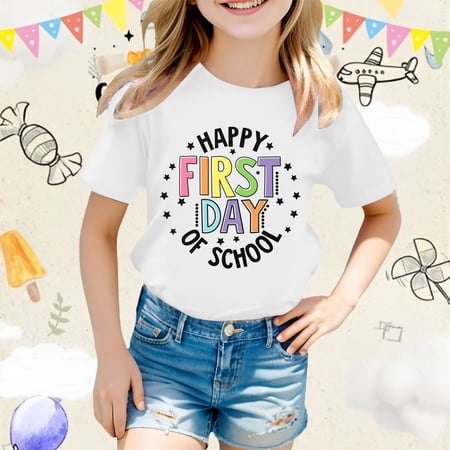 Tfken Back-To-School Tops For Girls Toddler Crew Neck Short Sleeve Letter Print Tee Fashion Relaxed T-Shirts White Size 6 Years-7 Years