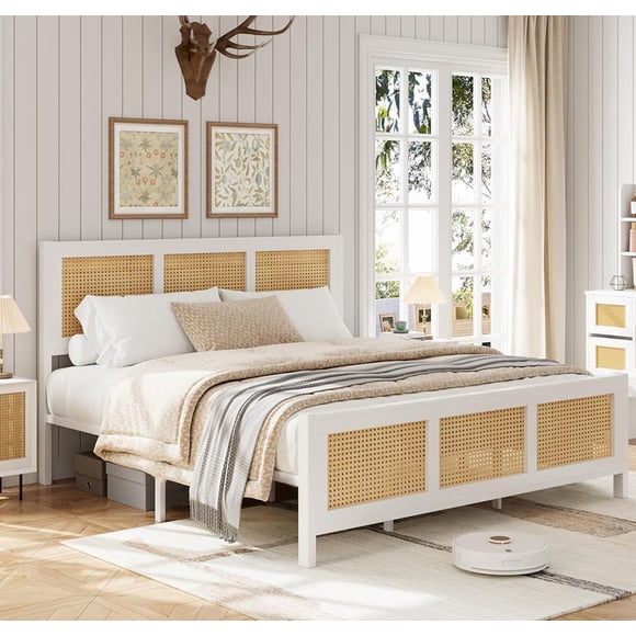 QinaQin Base de cama Queen boho con cabecera de ratán, listones metálicos resistentes, diseño silencioso y tipo plataforma, no requiere box spring