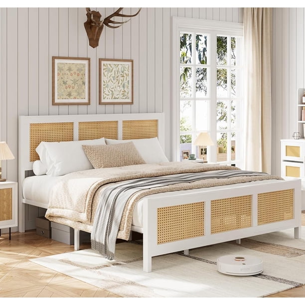 Yeshouse Cama Queen de ratán estilo bohemio con cabecero, listones de metal resistentes, silenciosa, sin necesidad de caja, diseño de plataforma