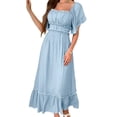 thumbnail image 2 of Robe Midi à Manches Courtes pour Femme, Encolure Carrée, Couleur Contrastante, Décontractée, Rick Rack, Robes Smockées, Bleu, P, 2 of 7