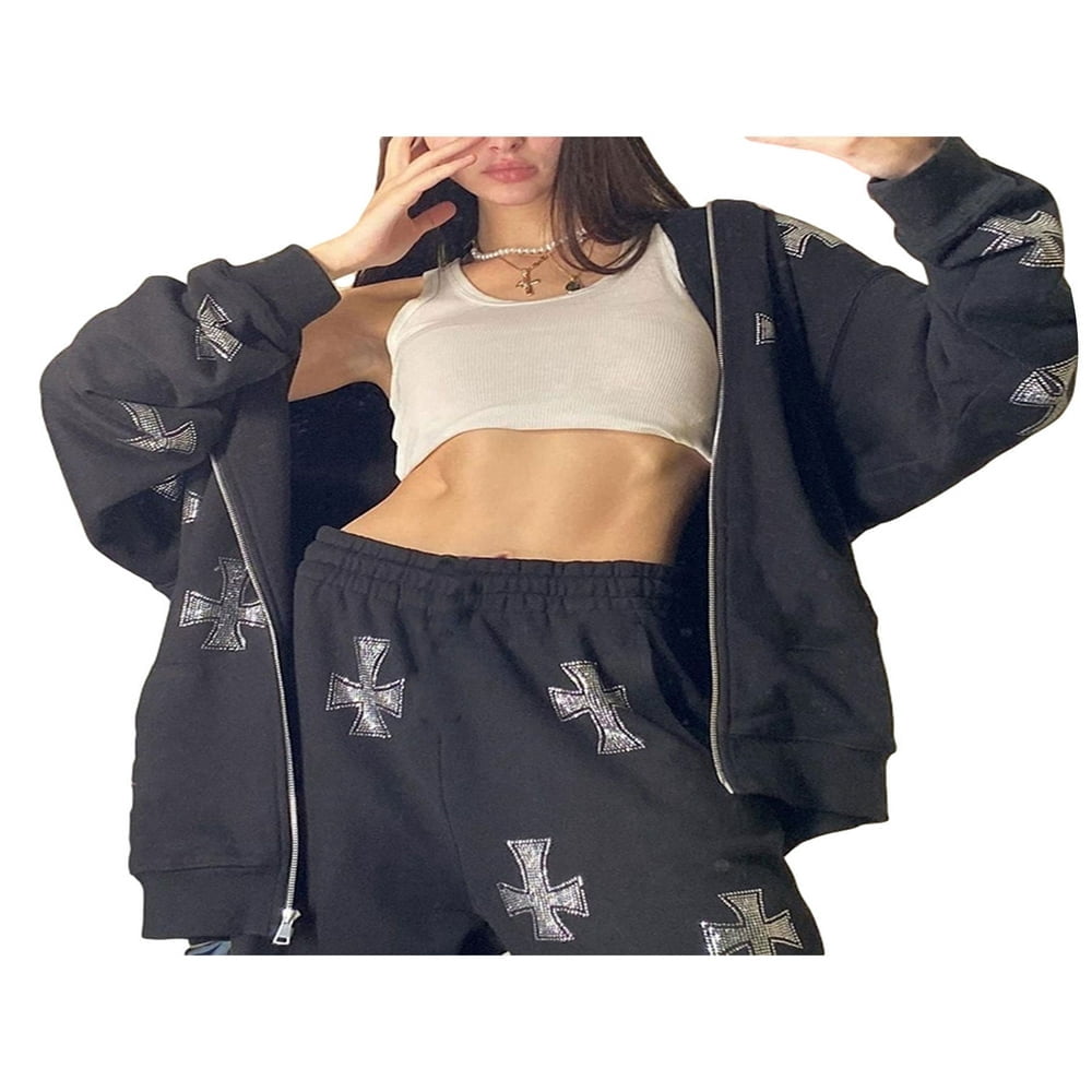 PENGXIANG Femmes Y2k Squelette Zip Up Hoodies Strass Graphique Pulls Surdimensionnés