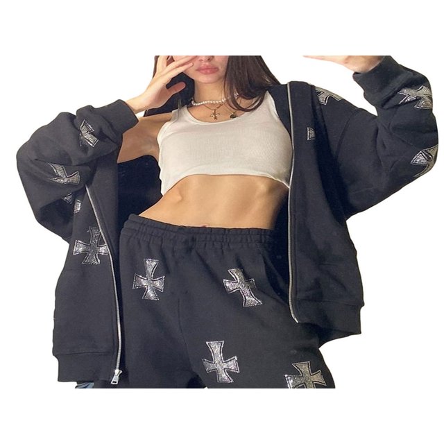 PENGXIANG Women Y2k Skeleton Zip Up Hoodies Rhinestone Graphic Oversized Pullovers