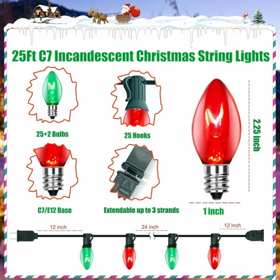 FGERFE-C7 Red and Green Christmas Lights - 25Ft String Lights with 27 Incandescent Bulbs, Vintage for Indoor/Outdoor Use