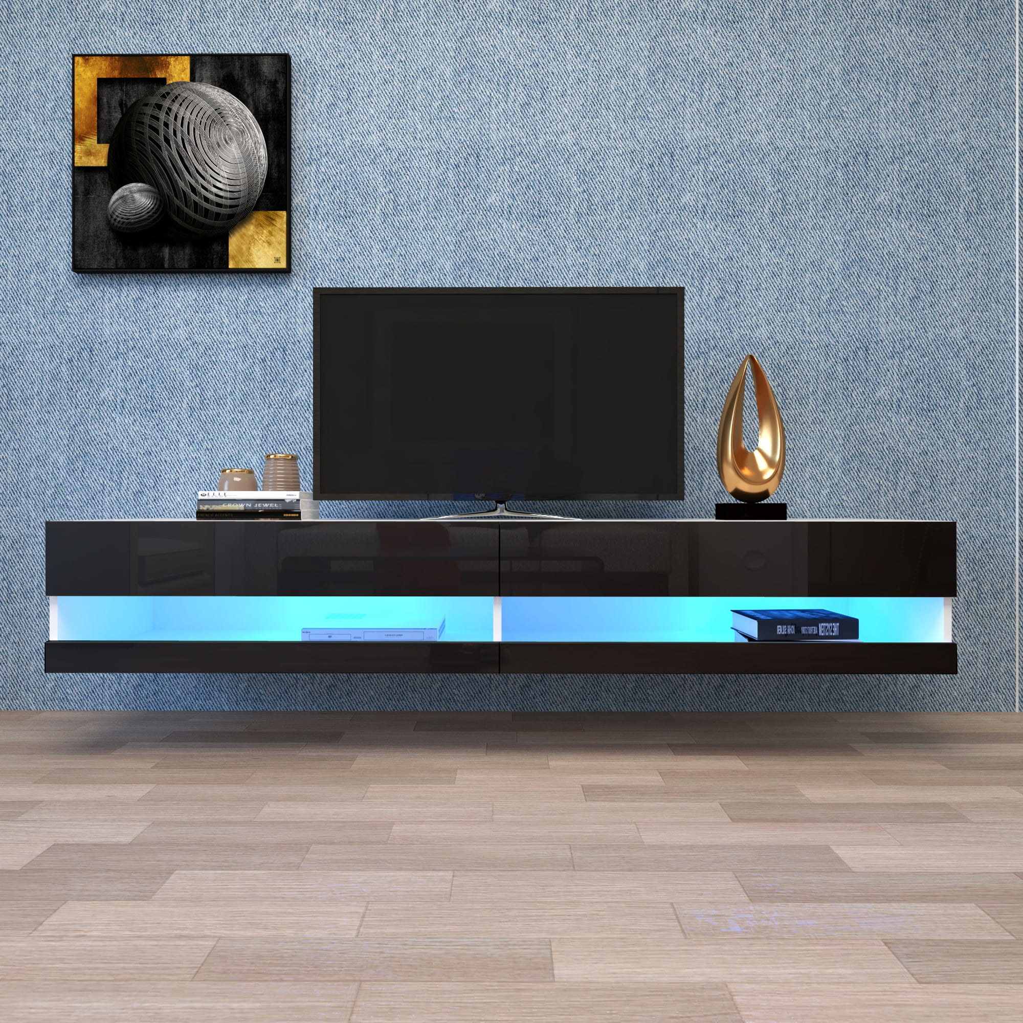 Details about   High Gloss 80in Wall Mounted Floating LED TV Stand Table with Storage Cabinet 
