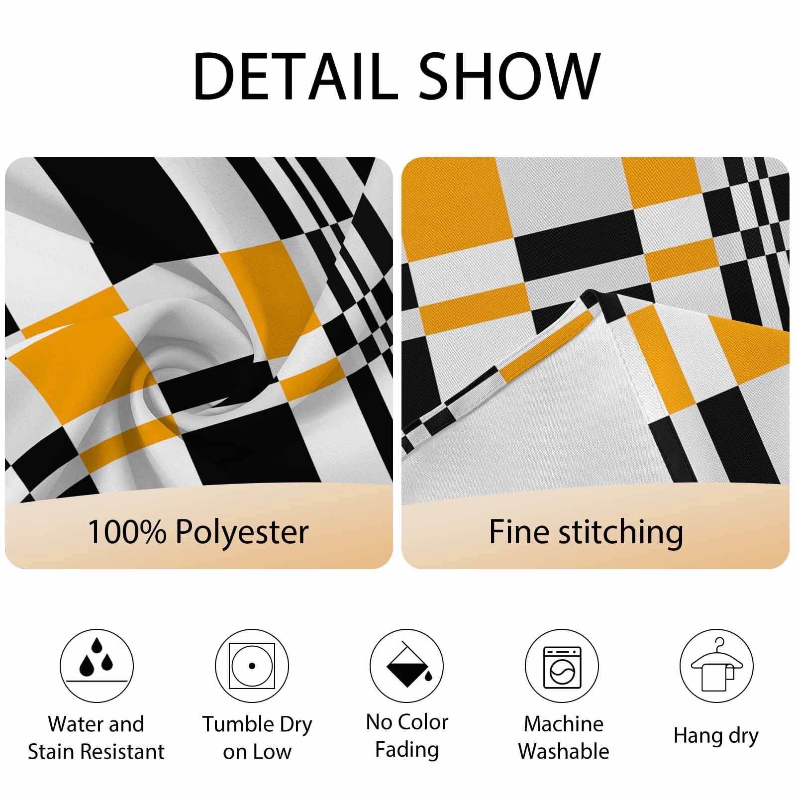 Round Tablecloth Yellow Black Squares Waterproof Oil Proof Polyester Table Cloth Cover Decor for Home Dining Outdoor,Patio,Parties, 54" Dia. Abstract Geometric Art