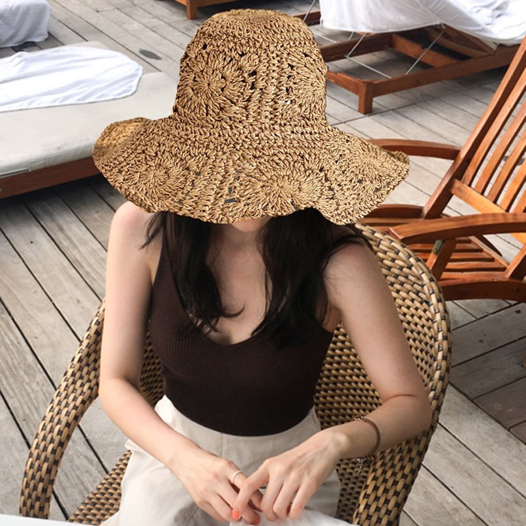 Women\'s Sun Hat Handmade Crochet Straw Bucket Hat Summer UV Protection Foldable Multicolor Floral Crochet Straw Sun Hat Foldable Packable  main image 4