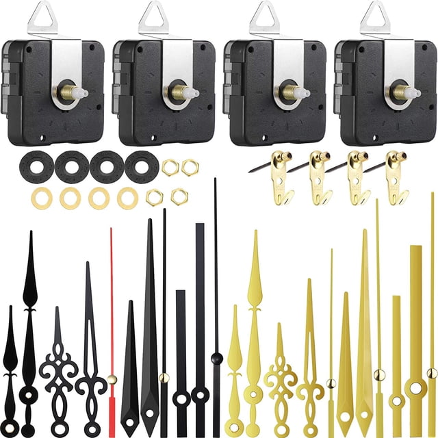 4 Long Shaft Clock Movements Clock Hands Mechanism High Torque Mechanism with 8 Different Pairs of DIY Clock Repair Parts Replacement, Hooks and Nails, for Clock Repair Replacement, Gold and Black