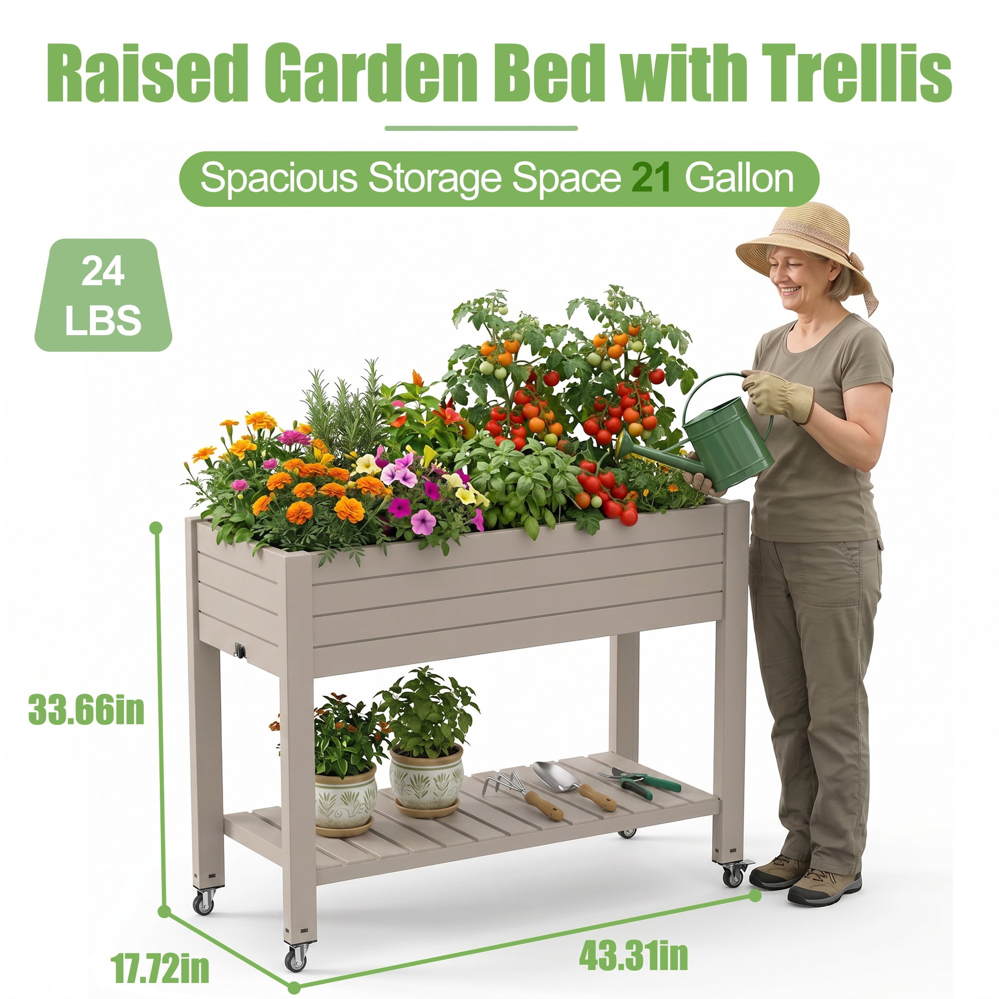 Joxxoaa Raised Garden Bed with Legs,Self-Watering Resin Planter Box with Lockable Wheels Drainage Plug and Gauge for Vegetables, Flowers, Storage Shelf for Tools and Accessories (Brown)