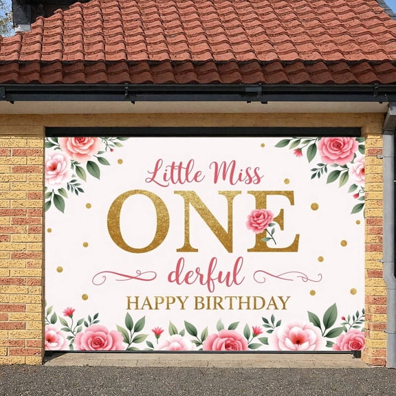 Pink Floral First Birthday Banner Golden Glitter ONE Birthday Backdrop Rose Border Gold Dots Floral Birthday Background for 1st Birthday Party Girl's Birthday Kids Party