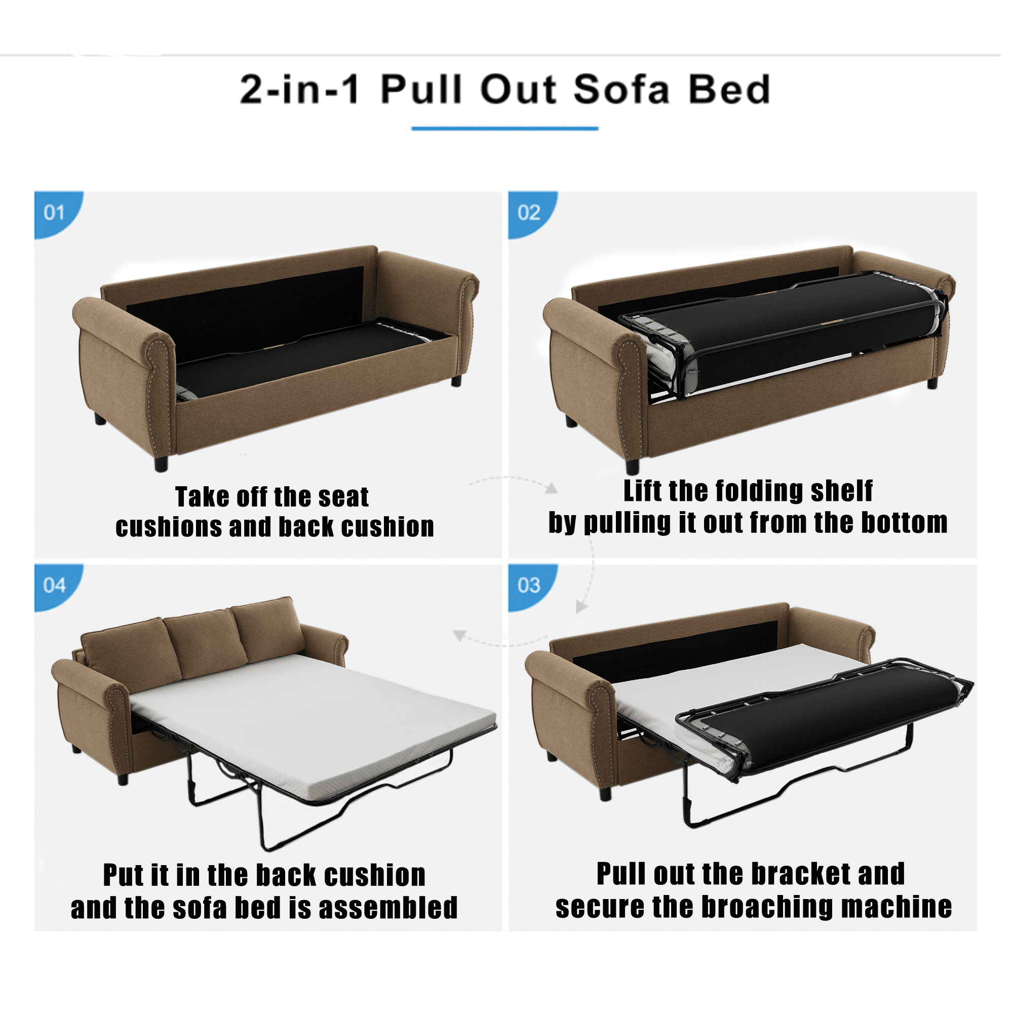 Muumblus Queen Size Pull Out Sofa Bed, 2-in-1 Convertible Sleeper Couches with Memory Foam Mattress, 3 Seat Sleeper Couch Beds for Living Room, Brown
