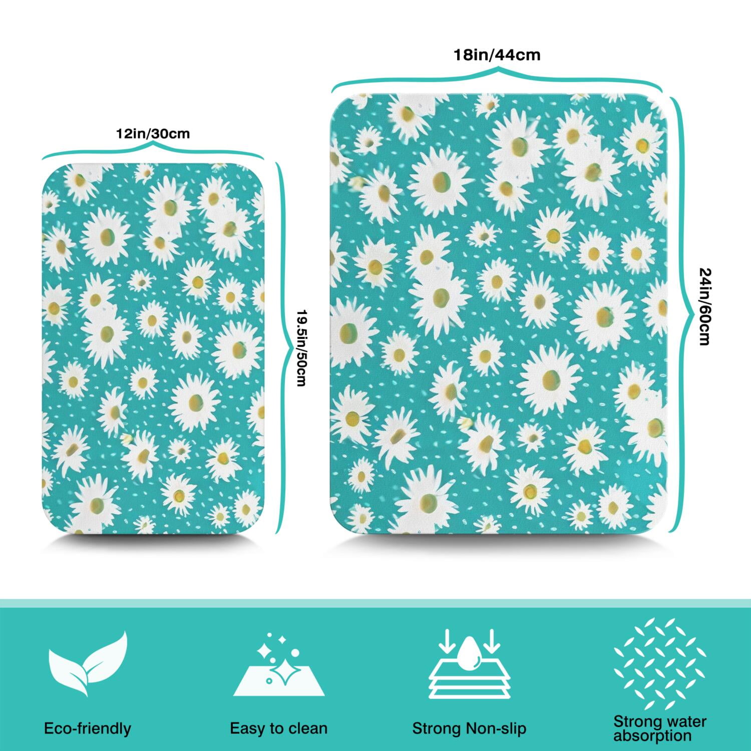 2 Pack Washable Rubber Daisy Cute Floral Dish Drying Mats for Kitchen Counter Home Large Coffee Bar Pad Accessories and Decor for Utensils Stemware (2pcs 18''x24''+19.5''x12'')