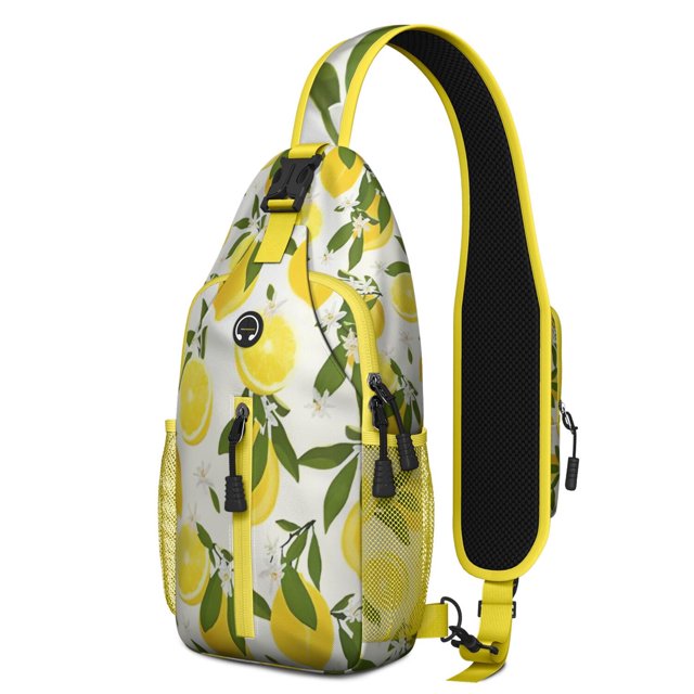 Cute Summer Lemon Print Sling Backpack, Bright Yellow Fruit Design Crossbody Daypack with Retro Vintage Floral Patterns, Lightweight and Durable