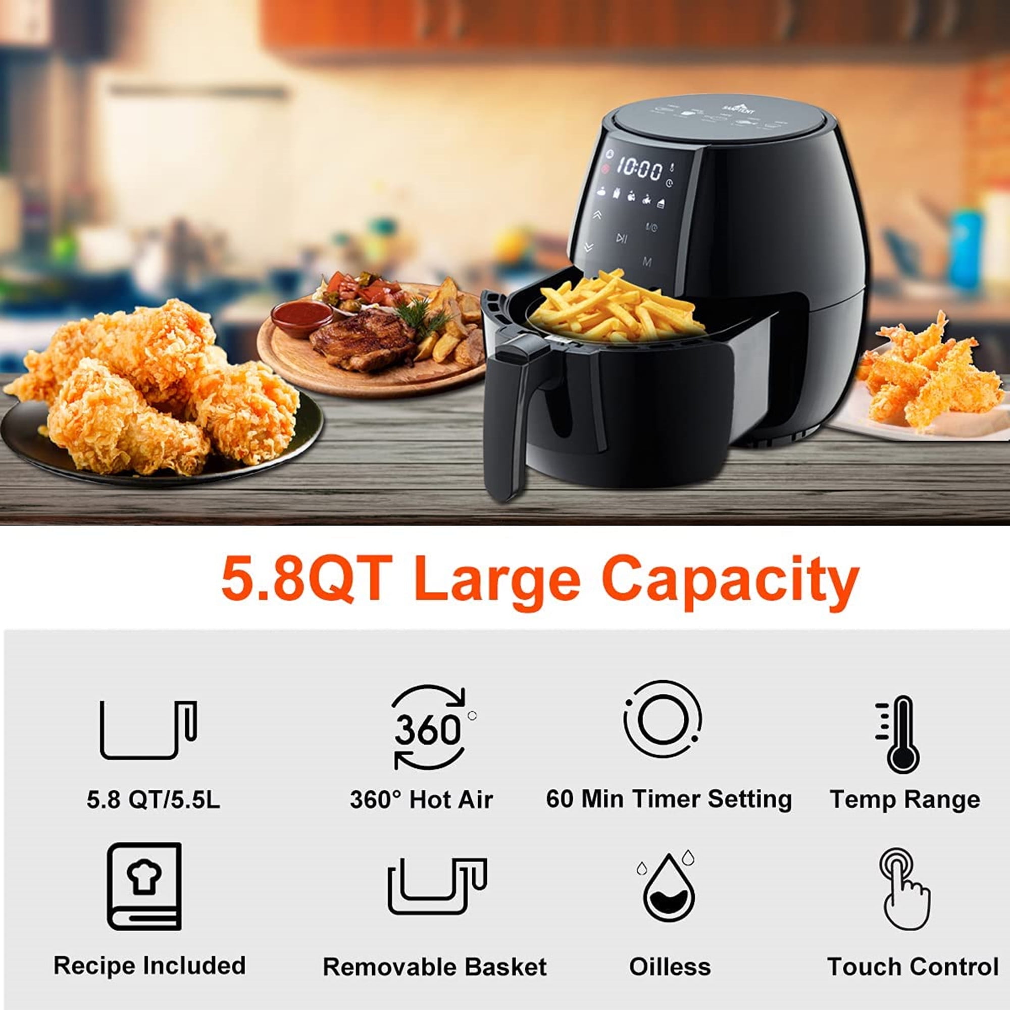 Sanptent 5.8 Quart Air Fryer, Electric Hot Oven Oilless Multifunctional Cooker with Digital LED Touchscreen, Auto Shut-off, ETL Certified, Best Present Gift (Black)