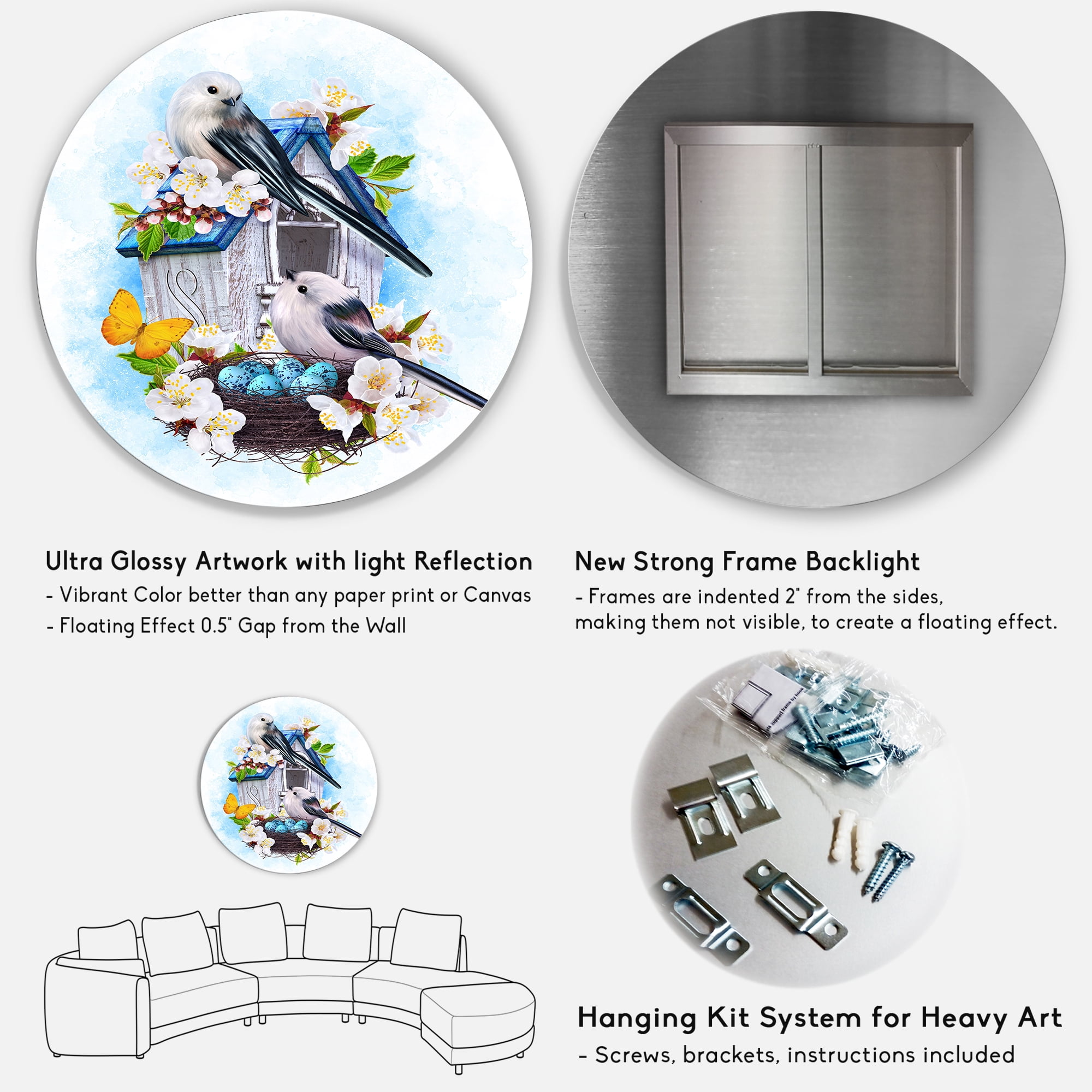 Designart 'Two Tit Birds Sitting Near The Nest With Eggs and White Flowers II' Traditional Circle Metal Wall Art 23x23 - Disc of 23