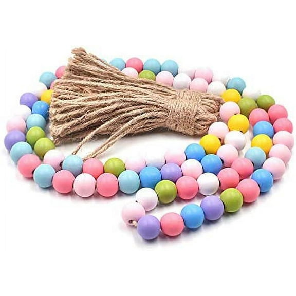 58.3Inch Easter Wood Bead Garland with Tassels-Easter Tassel Garland Farmhouse Rustic Wooden Beaded Garland with Jute Rope Plaid Tassel- Prayer Boho Natual Beads Big Wall Hanging Decor