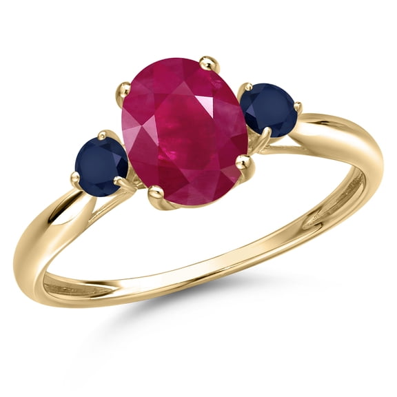 Gem Stone King 10K Yellow Gold Red Ruby and Blue Sapphire 3-Stone Ring for Women | 1.90 Cttw | Oval 8X6MM | Gemstone July Birthstone | Size 7