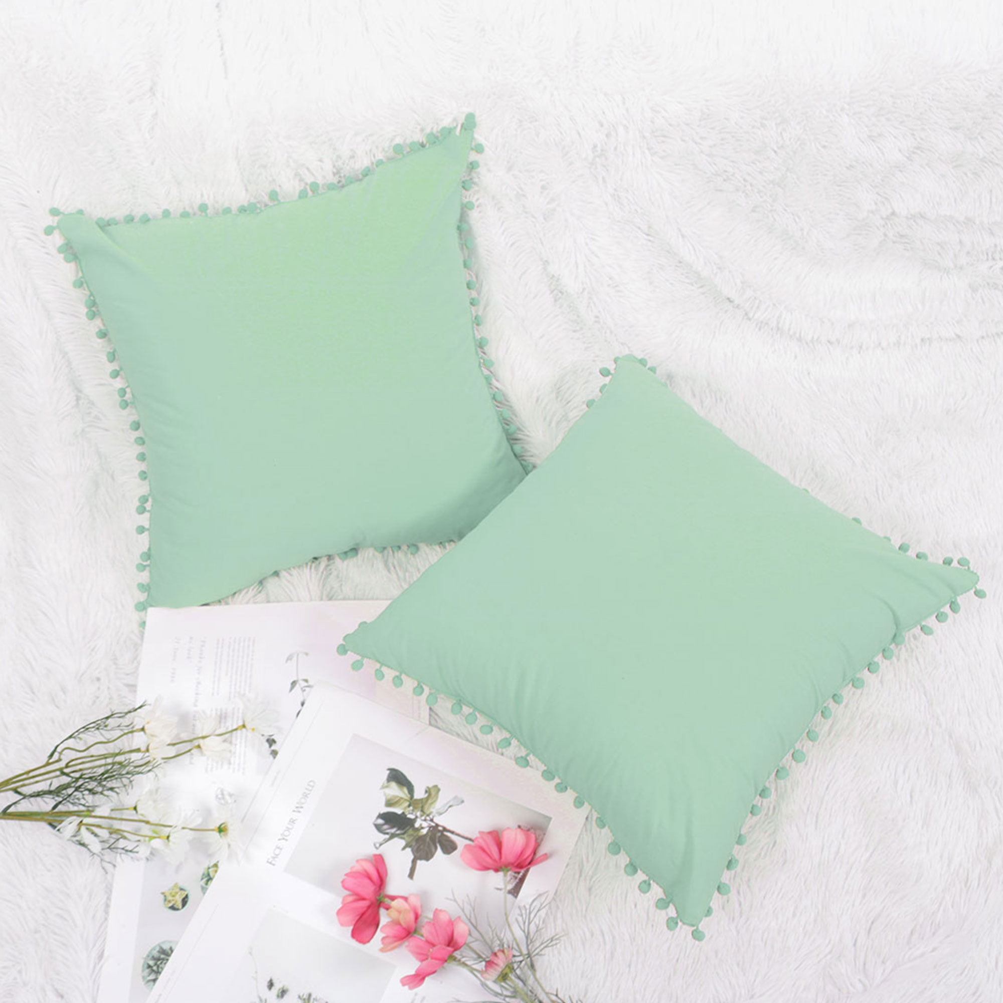 Set of 2 Square Decorative Throw Pillow Cover with Pom-poms Soft Velvet ...