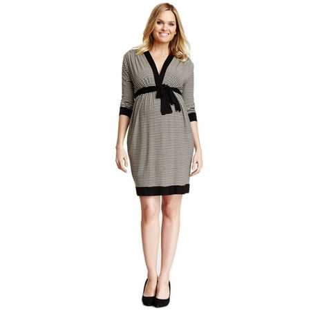 

OLIAN Maternity Women s Black Ivory Stripes Faux Wrap Dress