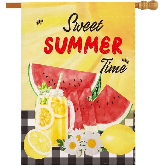 Sweet Summer Time House Yard Flag Watermelon Lemon Juice Daisy Double Sided Burlap Farmhouse Holiday Patio Lawn Garden Outside Outdoor Decorations Large 28 x 40 Inch