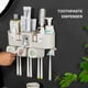 thumbnail image 2 of Organizador de baño multifuncional con dispensador de pasta dental, soporte para 8 cepillos y 4 vasos, montaje adhesivo sin necesidad de taladrar, color blanco grisáceo, ideal para familias., 2 of 6