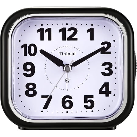 4.3 No Ticking Analog Alarm Clock,Silent Readable for Seniors,Easy to Set,Gradual Rise Alarm,Big Numbers,On/Off Switch on Side,Gentle Wake,Snooze,Lighted Demand,Battery Operated,Black