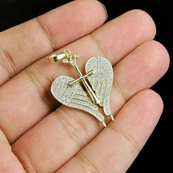 2Ct Round Cut Lab Created Diamond 925 Silver Cross & Wings Women's Pendant 14k Yellow Gold Plated Silver Free 18" Chain