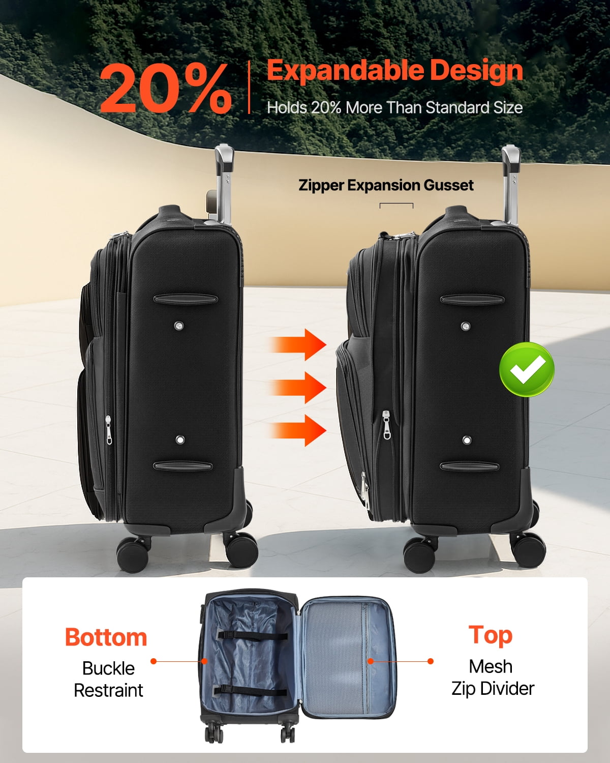 VEVOR Softside Expandable Luggage with Spinner Wheels, 20-Inch Softside Carry on Luggage, Lightweight Checked Suitcase with Expandable Zippered Pocket and TSA Lock, Black