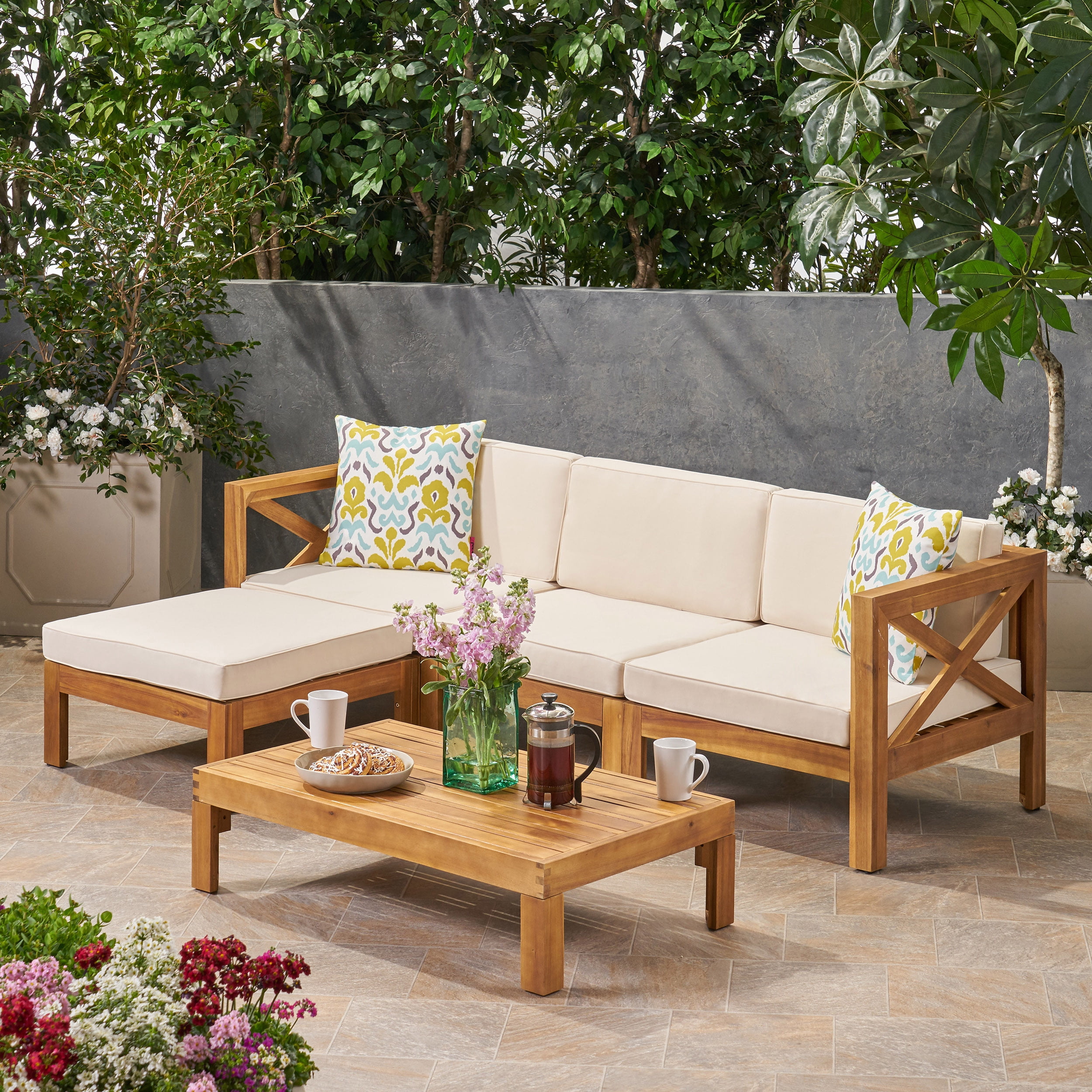Outdoor L Shaped Sectional Sofa Set, Acacia Wood Frame Combined Couch for Patio Garden, Teak and Beige