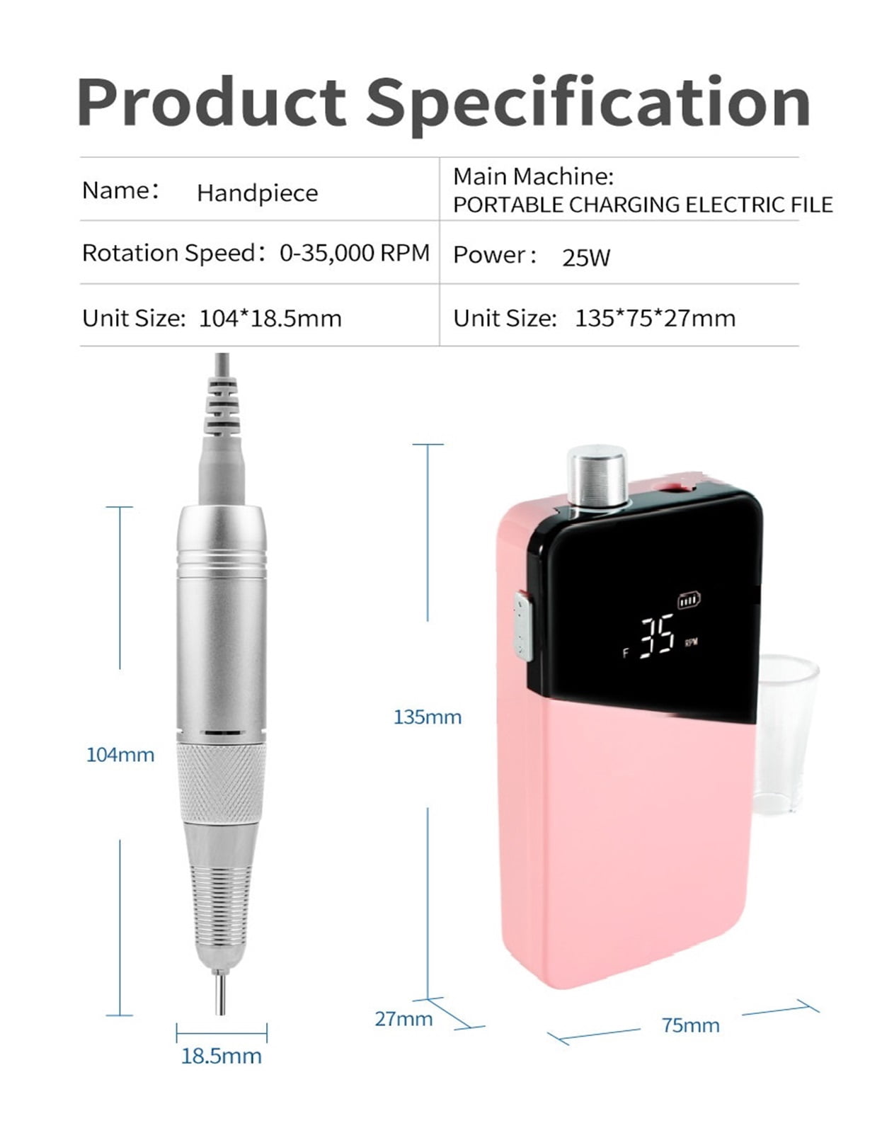 35000RPM Portable Electric Nail Drill Machine Rechargeable Cordless Manicure Pedicure Set For Nail Equipment ,Lightweight and Portable