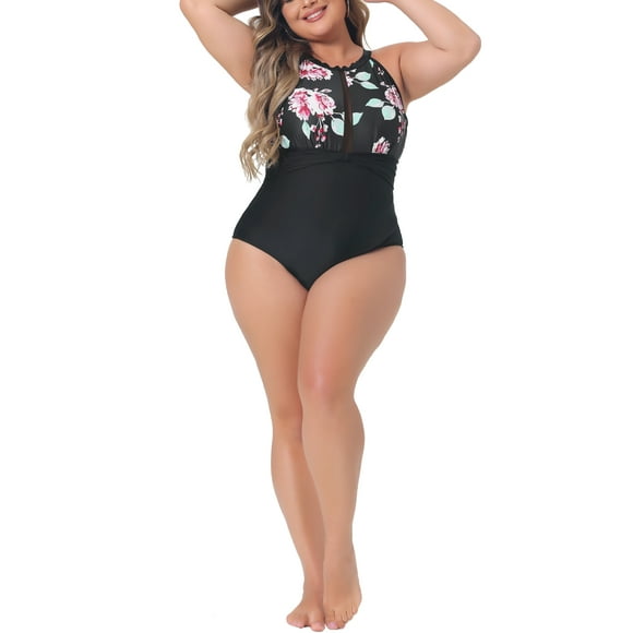 Ba?adores de una pieza de tallas grandes GRACE & GRANDEUR para mujeres, trajes de ba?o florales, de cintura alta, color negro 3X