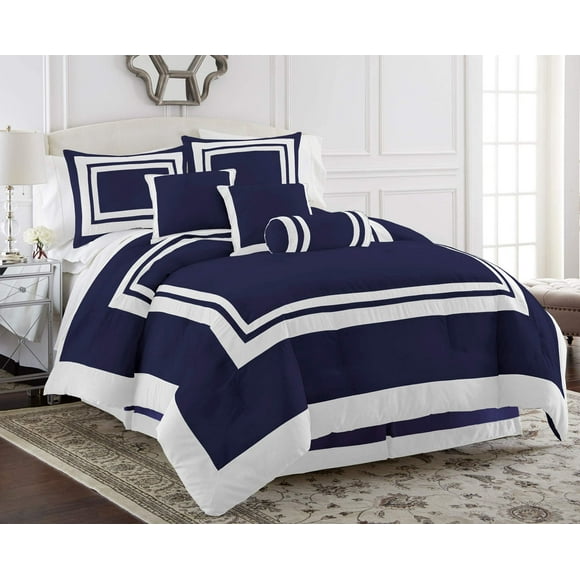 Chezmoi Collection 7-Piece Caprice Navy/White Square Pattern Hotel Bedding Comforter Set, King